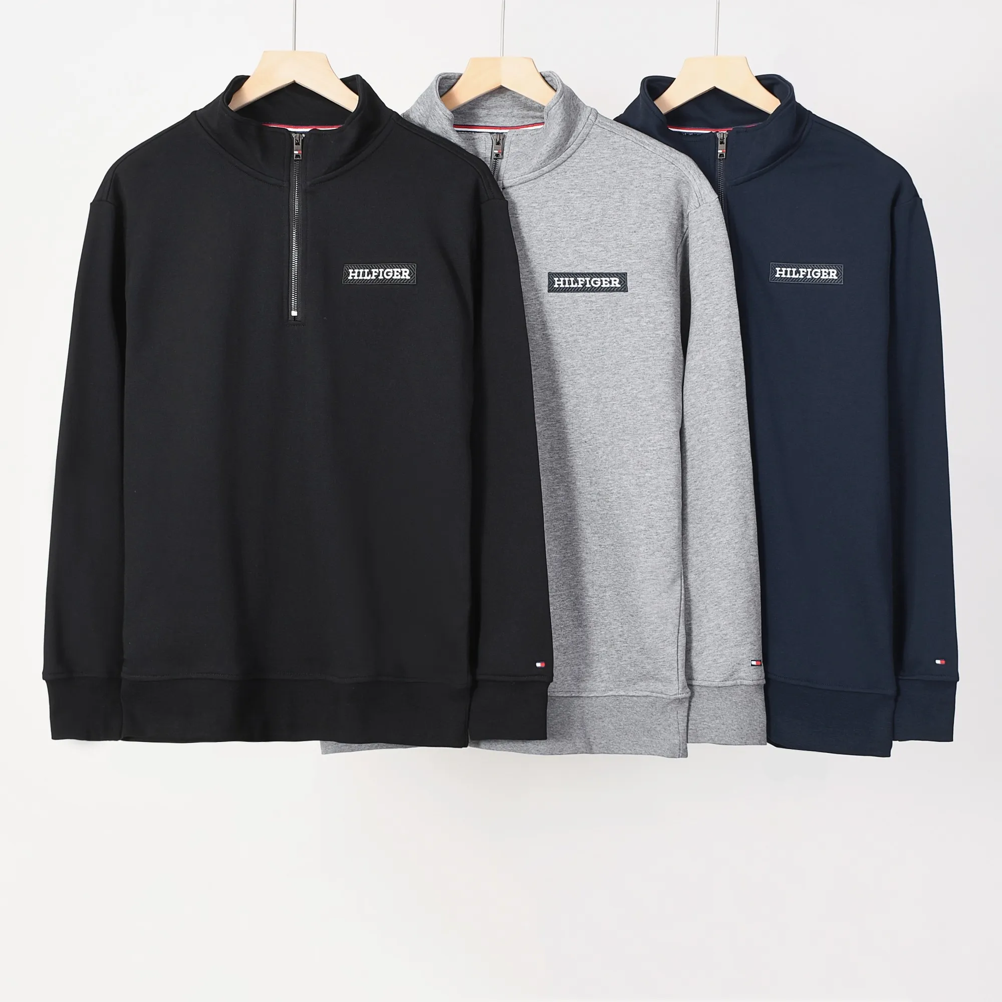 P210 605# Tommy half-pull stand-up collar sweatshirt Color: Black Gray Royal Blue Size: M-XXL Fabric: 350g cotton terry